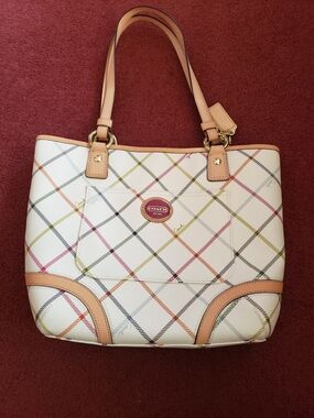 New Coach Cream Plaid Tote with Tan Trim and Multicolor Accents